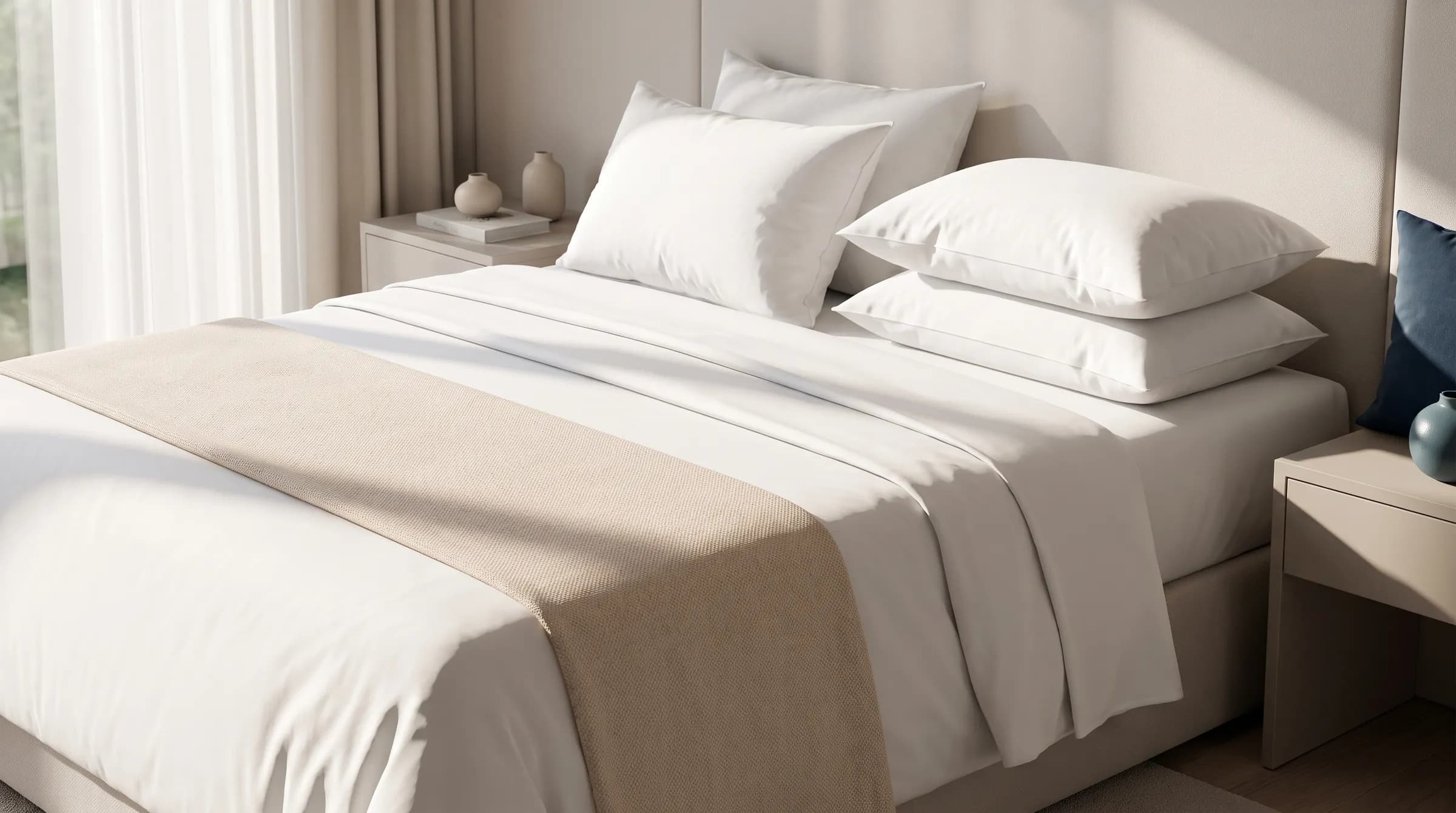 Habitación de hotel con la cama vestida de blanco, almohadas mullidas y pie de cama beige